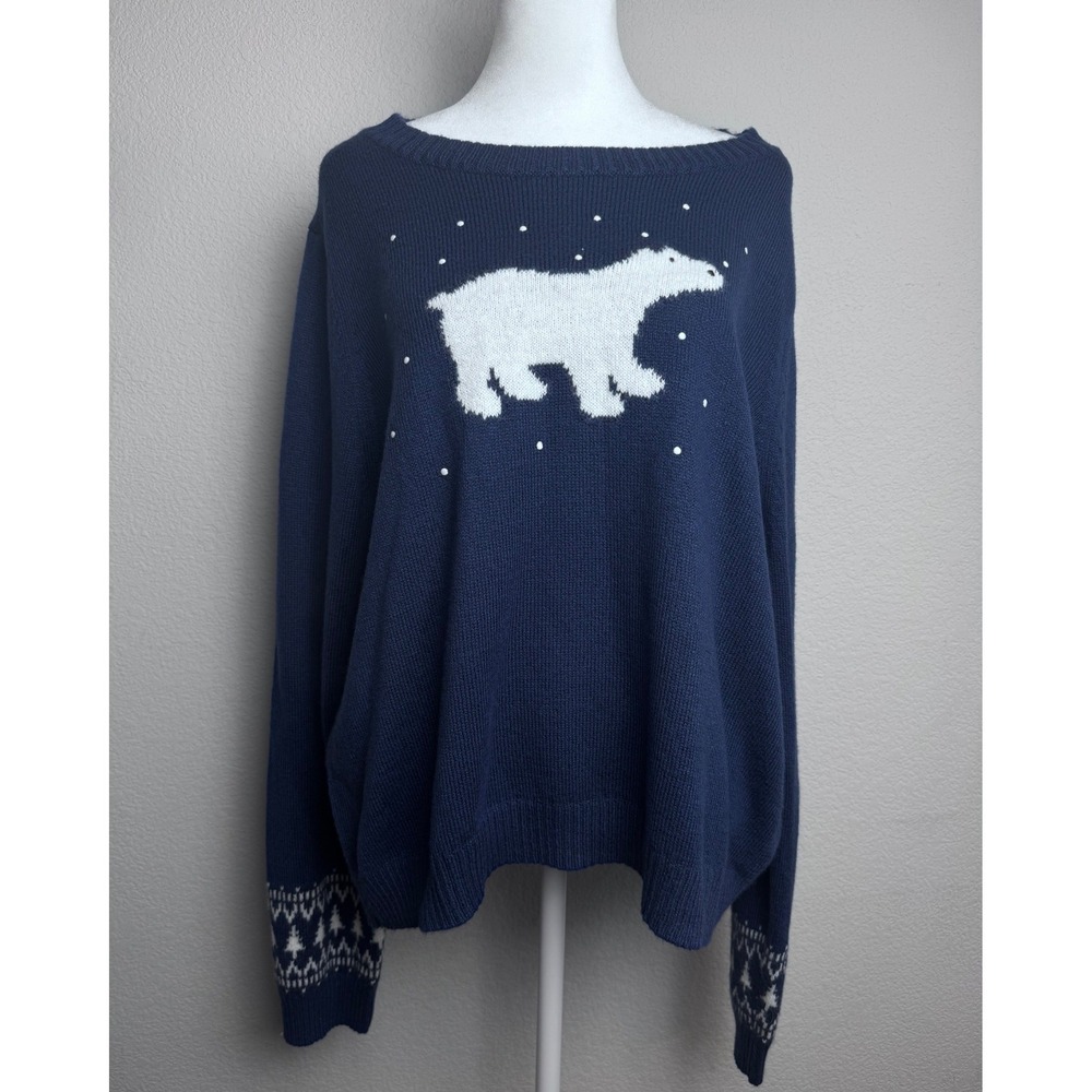 Talbots Polar Bear Navy Blue Fair Isle Christmas Sweater XL NWT Cotton Blend